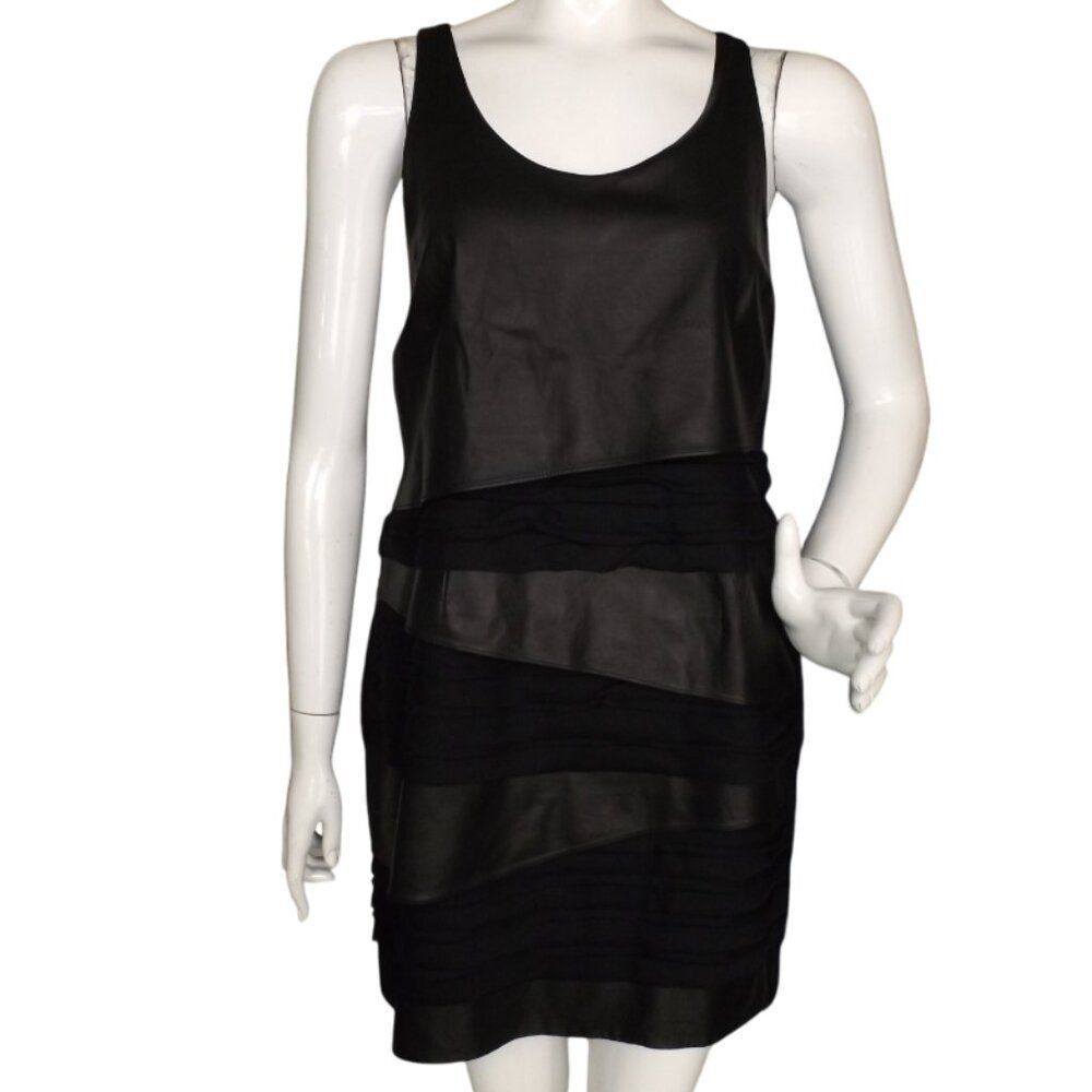 RAG & BONE Dress, 10, Black, Leather & Chiffon, Short, Scoop neck,Tiered overlay